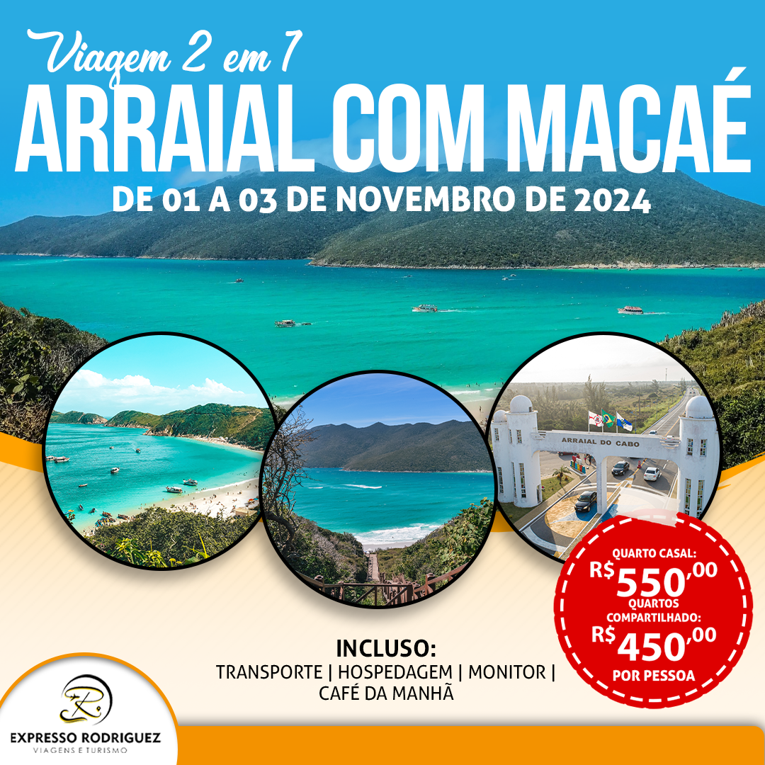 ARRAIAL DO CABO C/ HOSPEDAGEM MACAÉ | RJ  DATA: 01 A 03 NOVEMBRO 2024