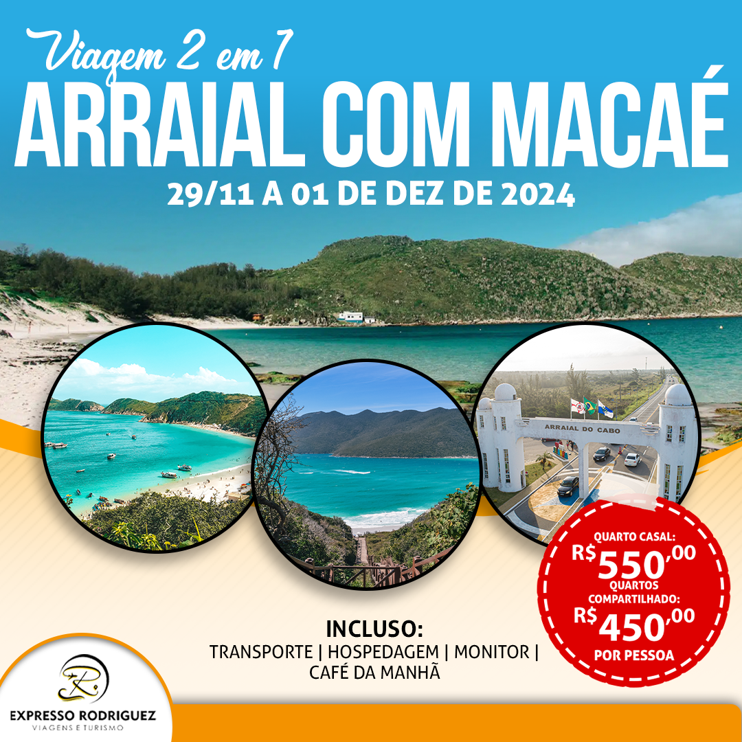 ARRAIAL DO CABO C/ HOSPEDAGEM MACAÉ | RJ  DATA: 29/11 A 01 DEZEMBRO 2024