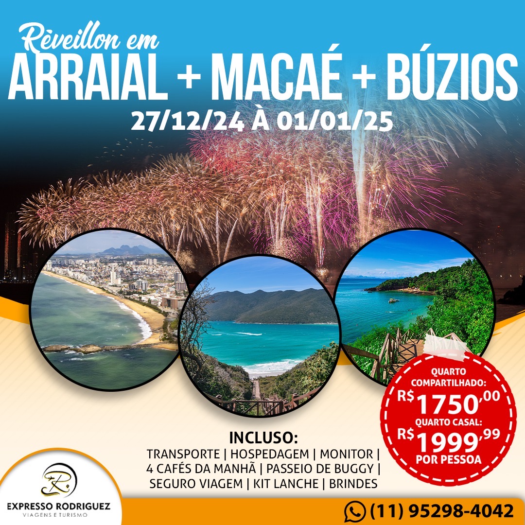 ARRAIAL DO CABO & MACAÉ E BÚZIOS - RJ    27/12 à 01/01/2025     *RÉVEILLON*